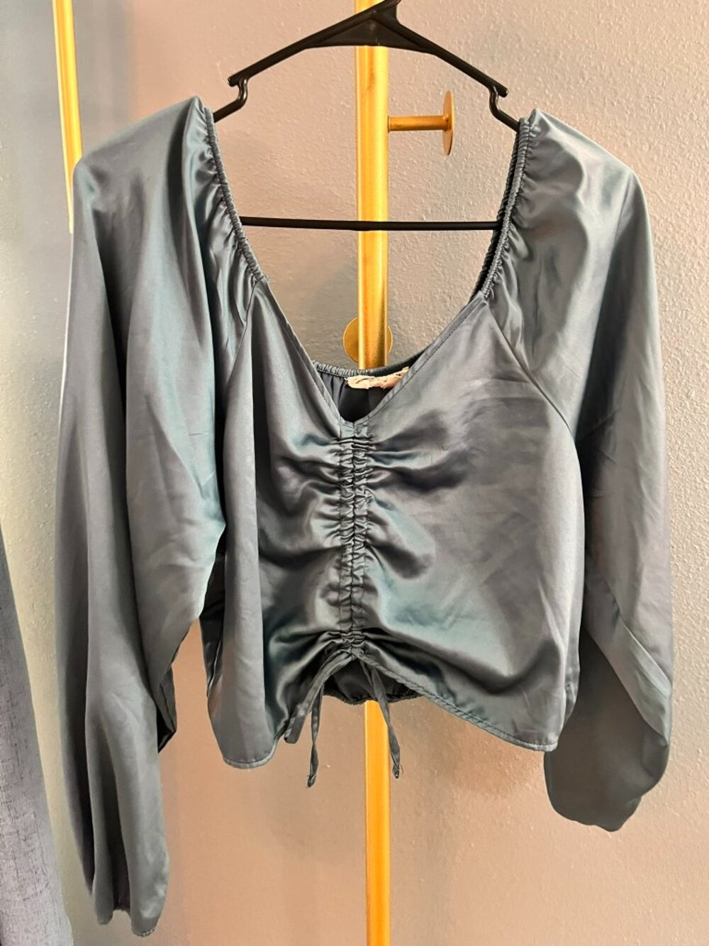 Hippie Rose Teal Blue Satin Ruched Drawstring Front Long Sleeve Crop Top XL
